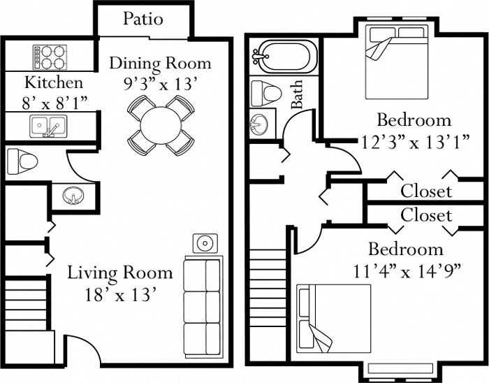 Floor plan for 2 beds, 1.5 baths, 1008 sqft
